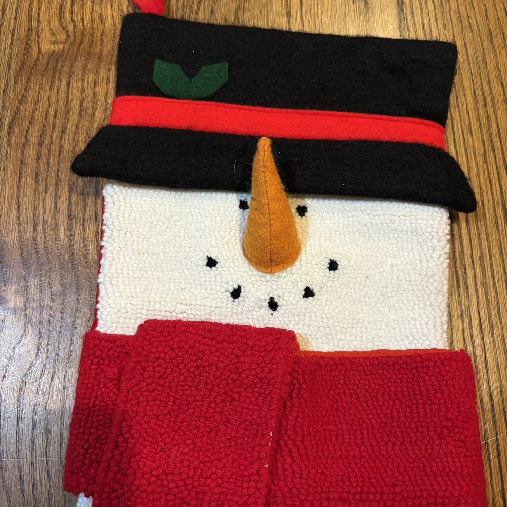 SNOWMAN Christmas Stocking Crewel Wool Velveteen Back Carrot Nose Set Of 2 - Picture 3 of 5
